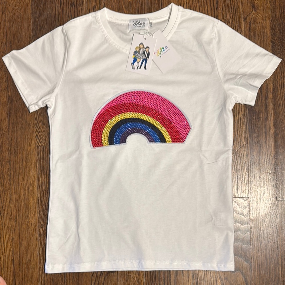 Lola + The Boys White Tee with Rainbow Sequin Design
